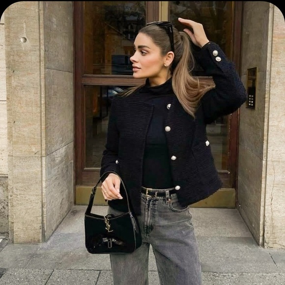 NEW! House of Harlow 1960 Tweed Jacket/Raw Hem/ Snap Front/Front Pockets/Black - Picture 14 of 16